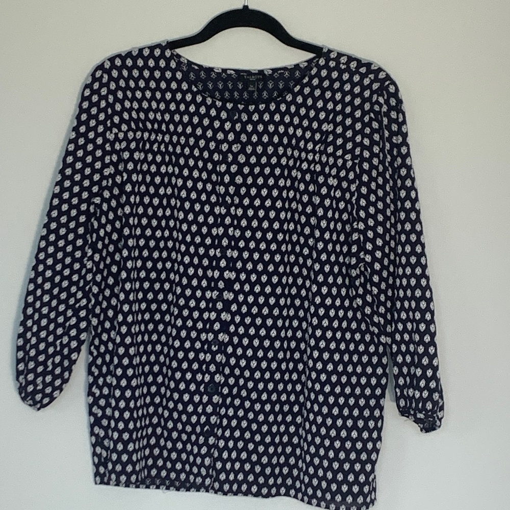 Talbots navy/white print 3/4 sleeve blouse sz L/P